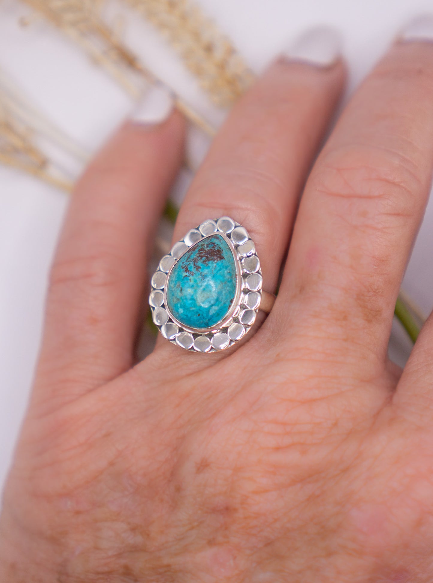 Western Inspired Teardrop Chrysocolla Ring - Size 8