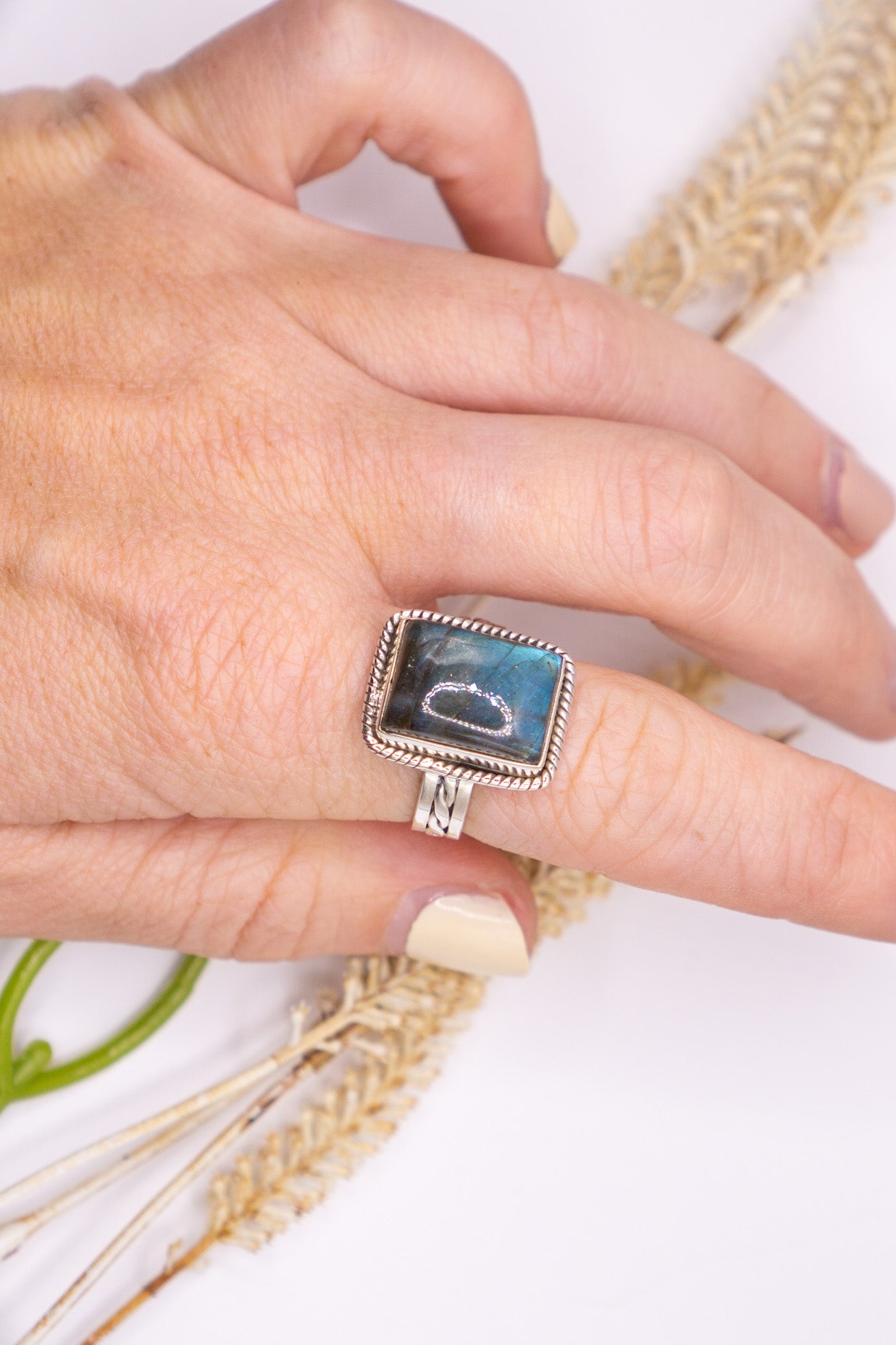 Braided Band Labradorite Statement Ring Size 10