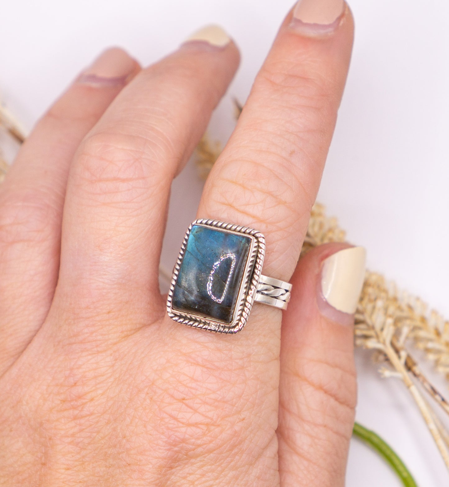 Braided Band Labradorite Statement Ring Size 10