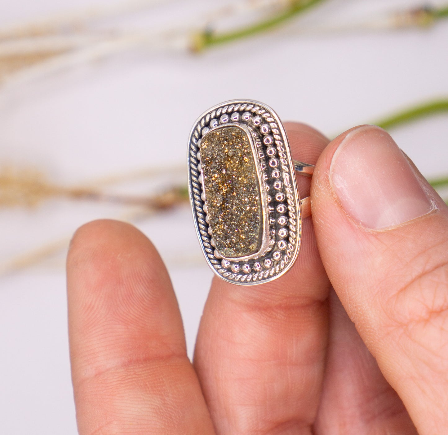 Sparkly Rectangular Pyrite Ring - Size 7.5