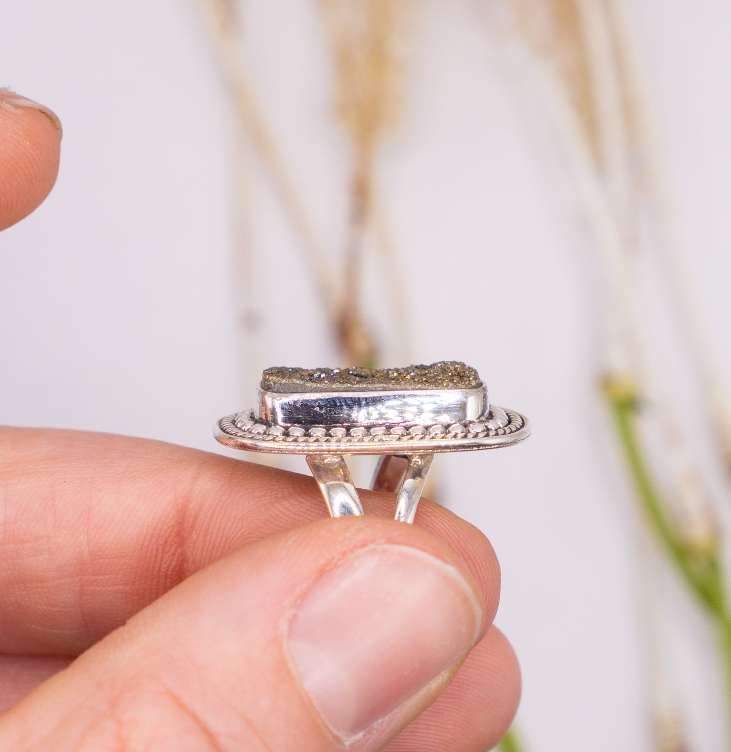 Sparkly Rectangular Pyrite Ring - Size 7.5