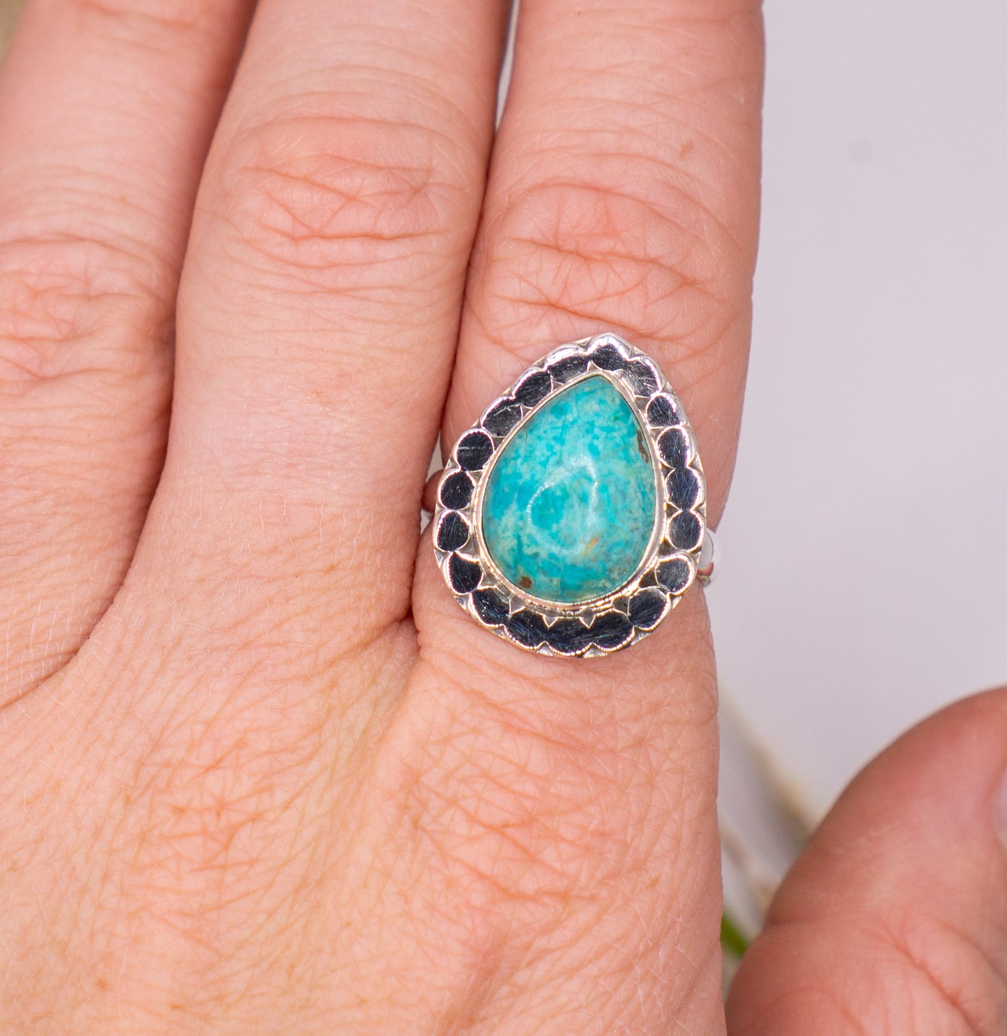 Bold Teardrop Turquoise Ring with Scalloped Bezel - Size 9