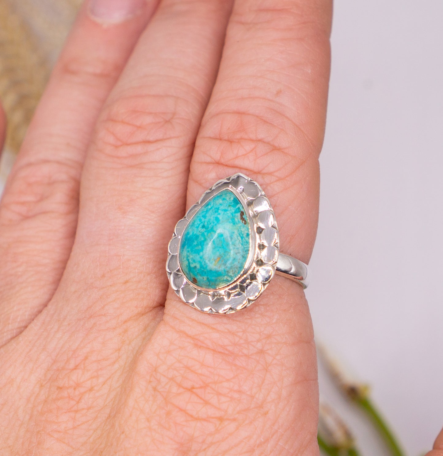 Bold Teardrop Turquoise Ring with Scalloped Bezel - Size 9