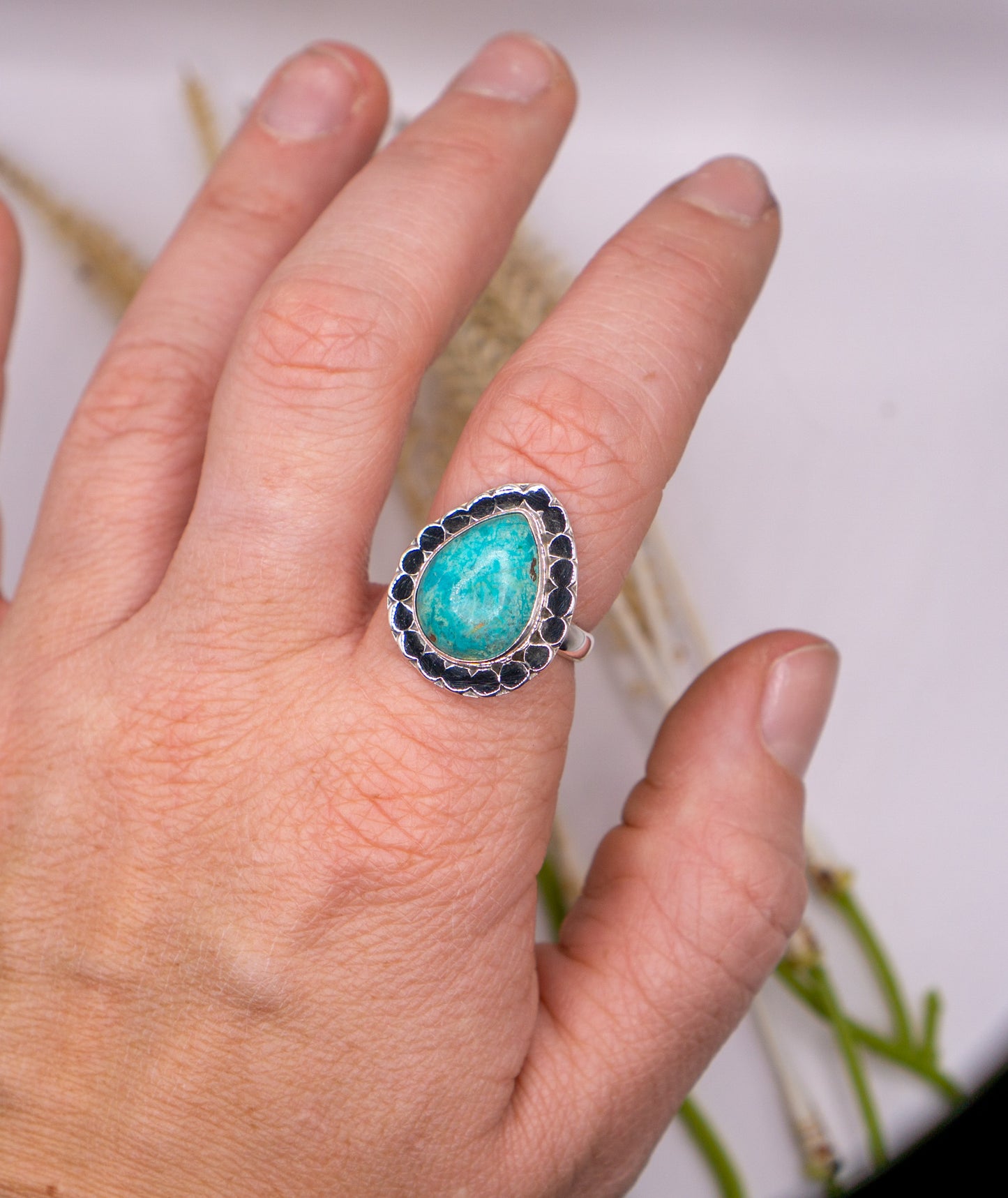 Bold Teardrop Turquoise Ring with Scalloped Bezel - Size 9