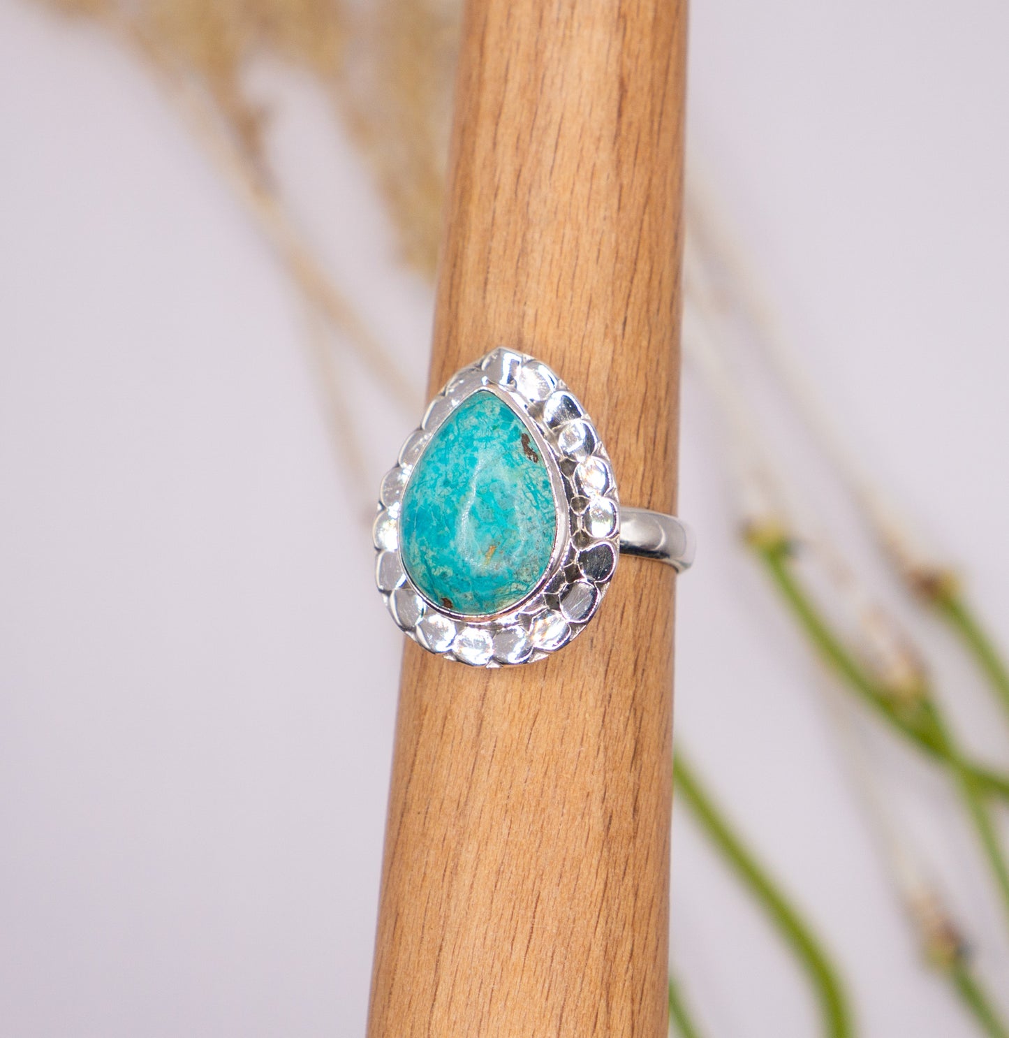 Bold Teardrop Turquoise Ring with Scalloped Bezel - Size 9